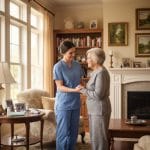 Compassionate home health aide assisting elderly patient in living room, evoking trust and care in hospice service