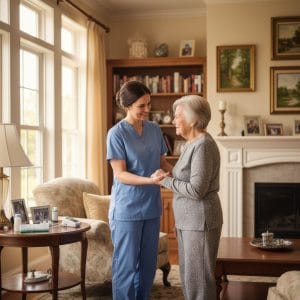 Compassionate home health aide assisting elderly patient in living room, evoking trust and care in hospice service