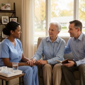 Compassionate healthcare team providing palliative care to an elderly patient in a serene Michigan home, emphasizing emotional and holistic support.