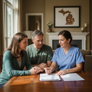 Compassionate hospice nurse in discussion with family about advance care planning documents in a sunlit living room