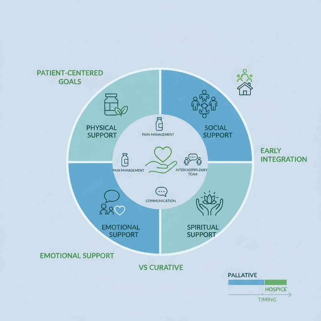 Infographic showing core principles of palliative care in a holistic wheel with segments for different support types and icons