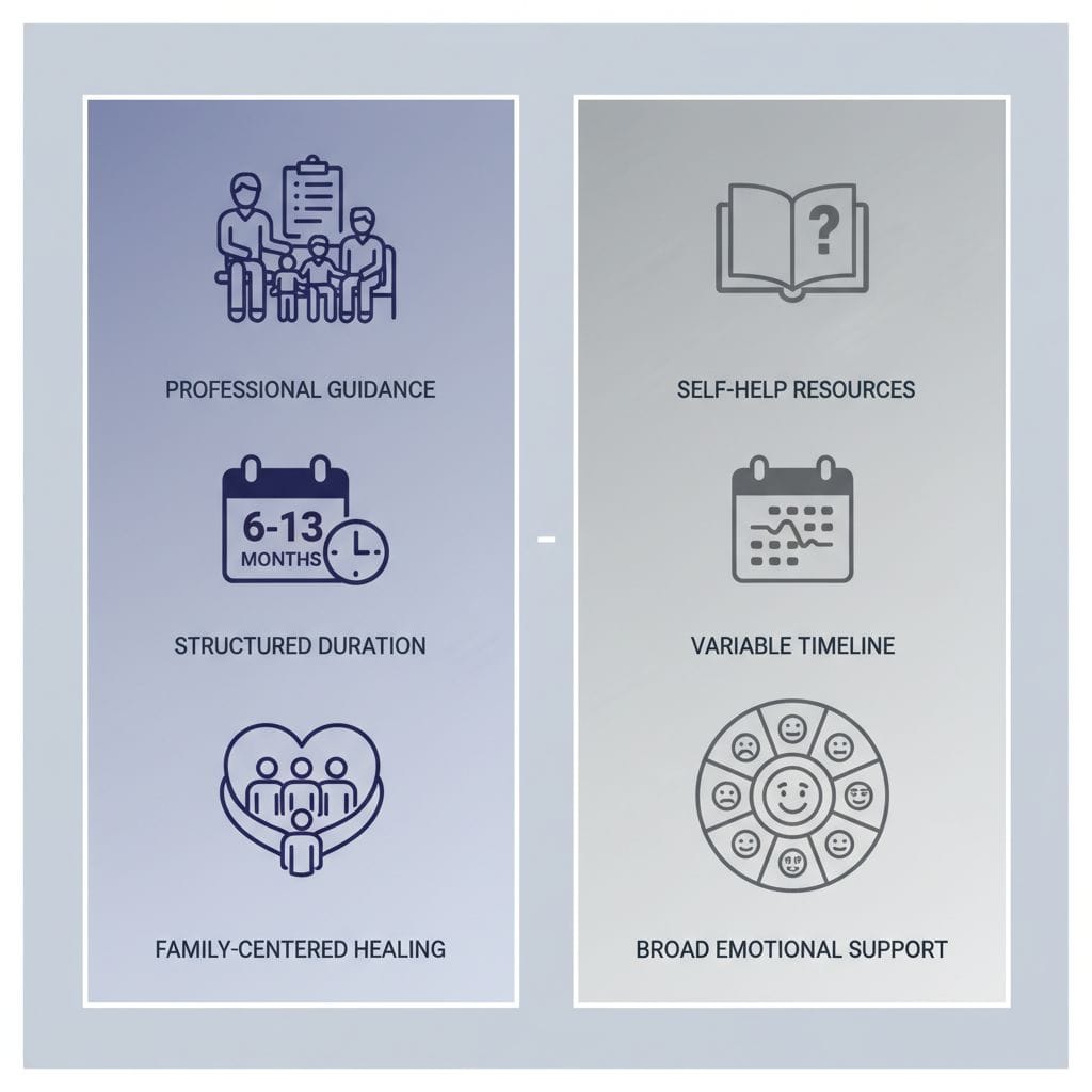 Infographic comparing hospice bereavement counseling components to general grief support with icons and labels.