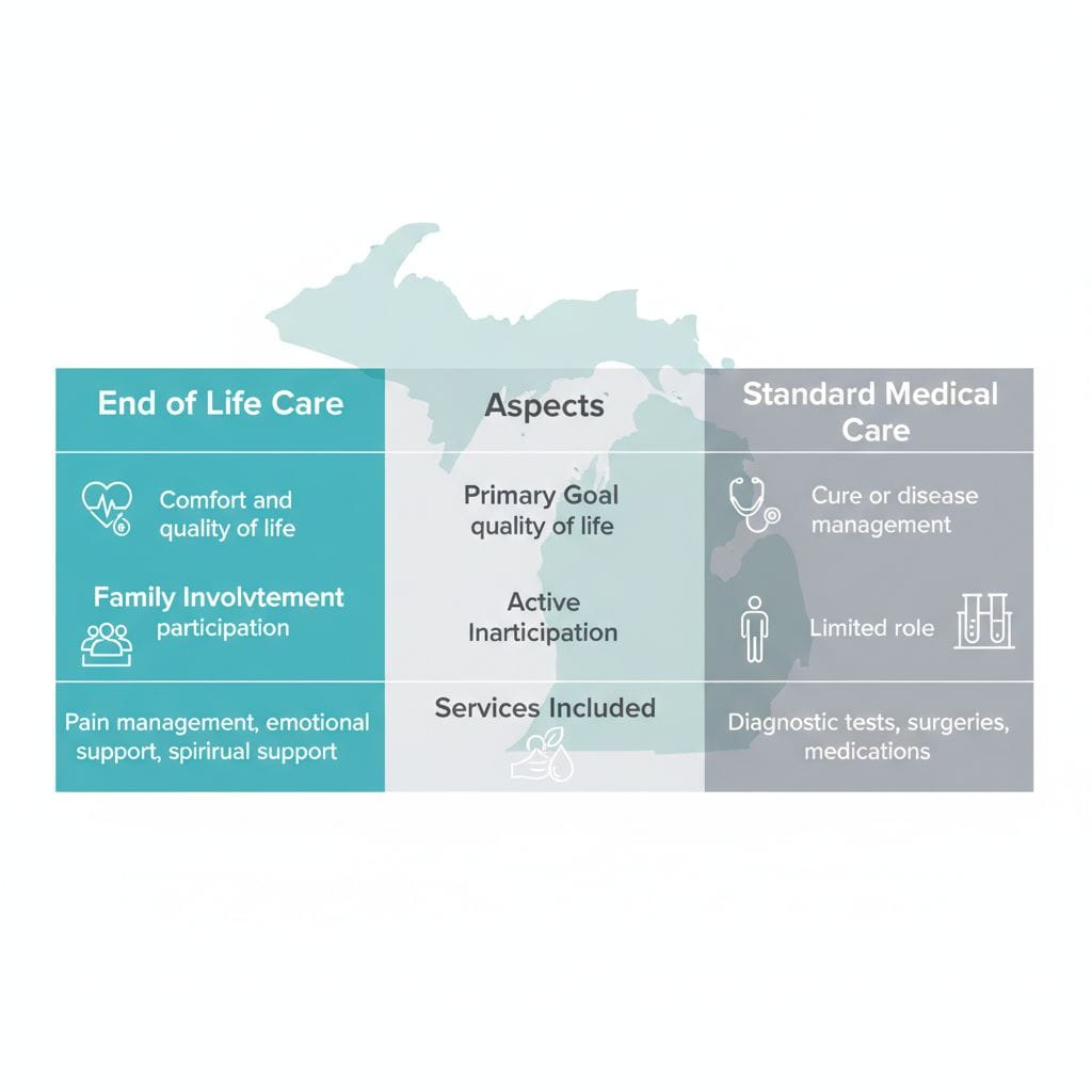 Infographic comparison of end-of-life care versus standard medical care, highlighting goals, family involvement, and services with icons and colors.