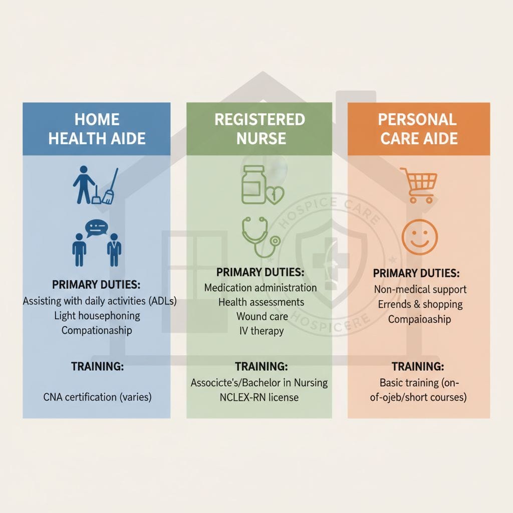 Infographic comparing roles of home health aides, registered nurses, and personal care aides with icons and bullet points for duties and training.