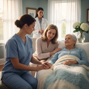 Compassionate hospice nurse comforting elderly patient and family in a peaceful home bedroom setting