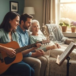 Serene scene of music therapist playing guitar for elderly hospice patient with family, evoking peace and emotional connection.