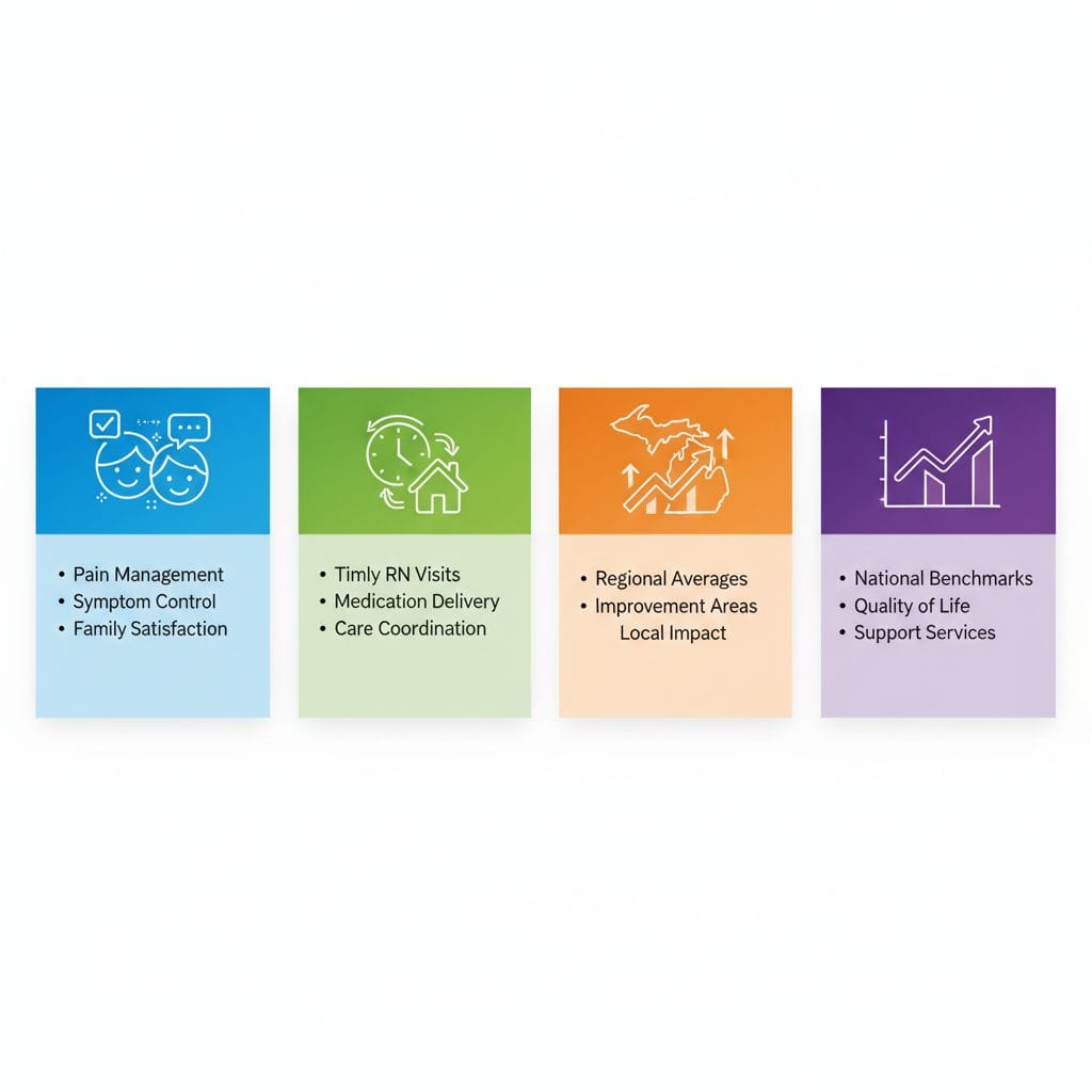Infographic illustrating key components of hospice quality scores including patient experience, care timeliness, Michigan performance, and national trends