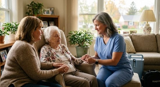 Compassionate hospice nurse holding elderly patient's hand in sunlit Saginaw home with family member present