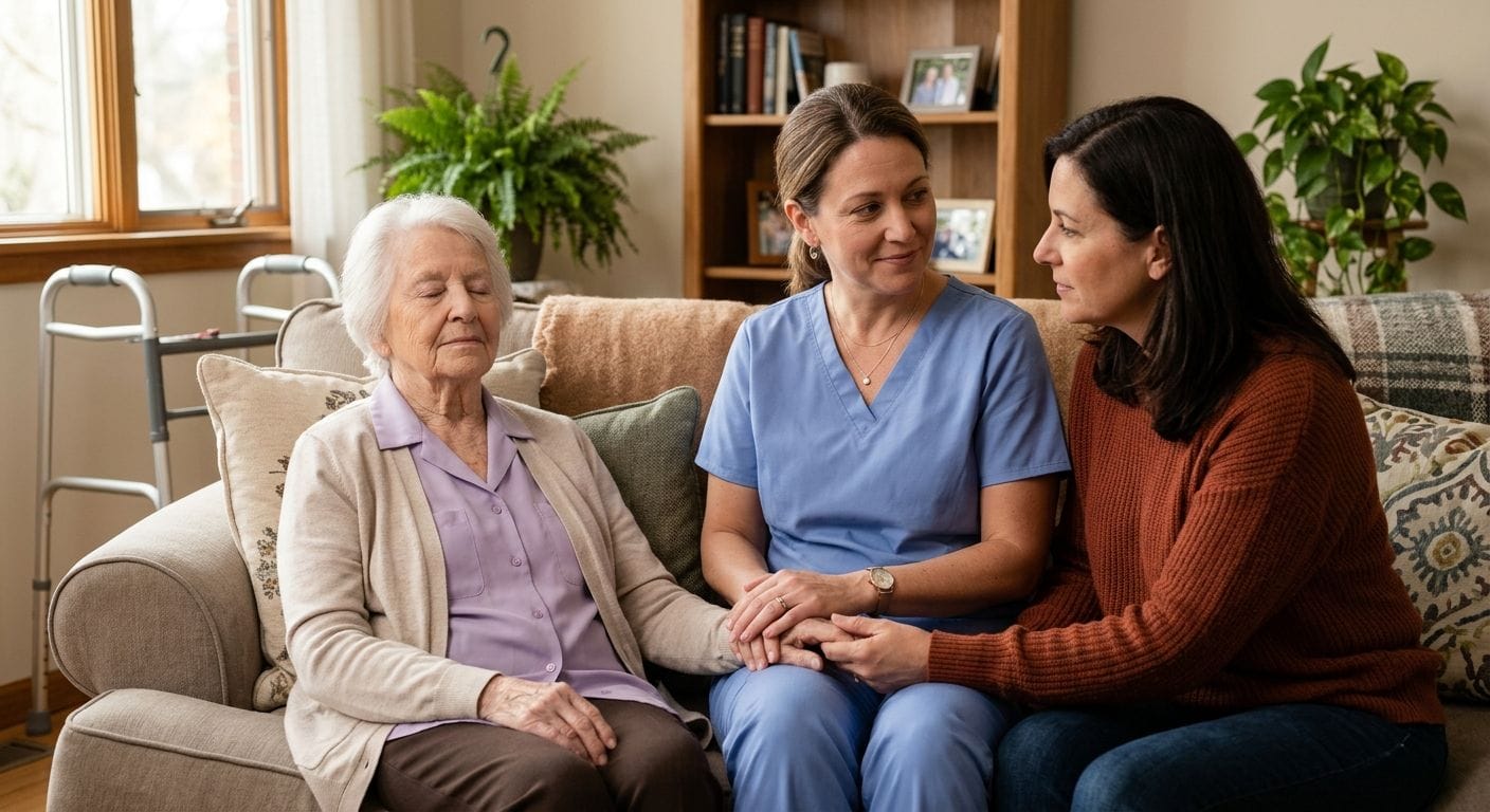 Compassionate hospice nurse in soft blue scrubs comforting elderly patient and family member in cozy home living room.