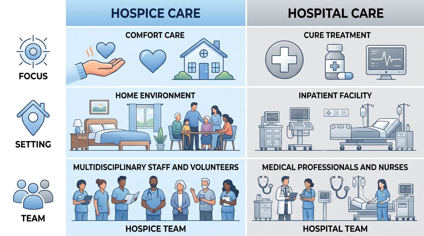 Infographic comparing hospice care and hospital care differences in focus, setting, and team with icons and minimal labels