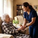Warm photograph of a hospice nurse gently holding an elderly patient's hand in a sunlit living room, representing compassionate palliative care.