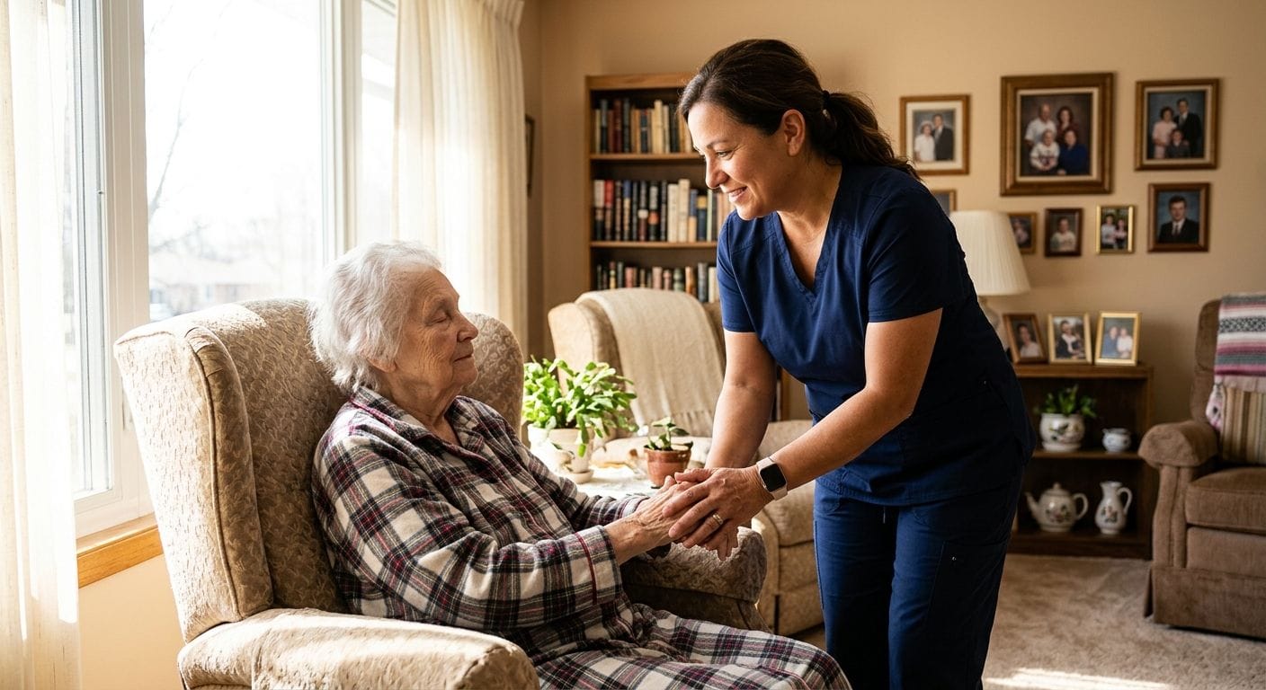 Warm photograph of a hospice nurse gently holding an elderly patient's hand in a sunlit living room, representing compassionate palliative care.
