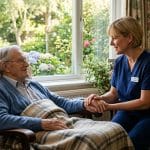 Compassionate hospice nurse comforting elderly patient in sunlit home, representing Amara Hospice Care’s supportive services.