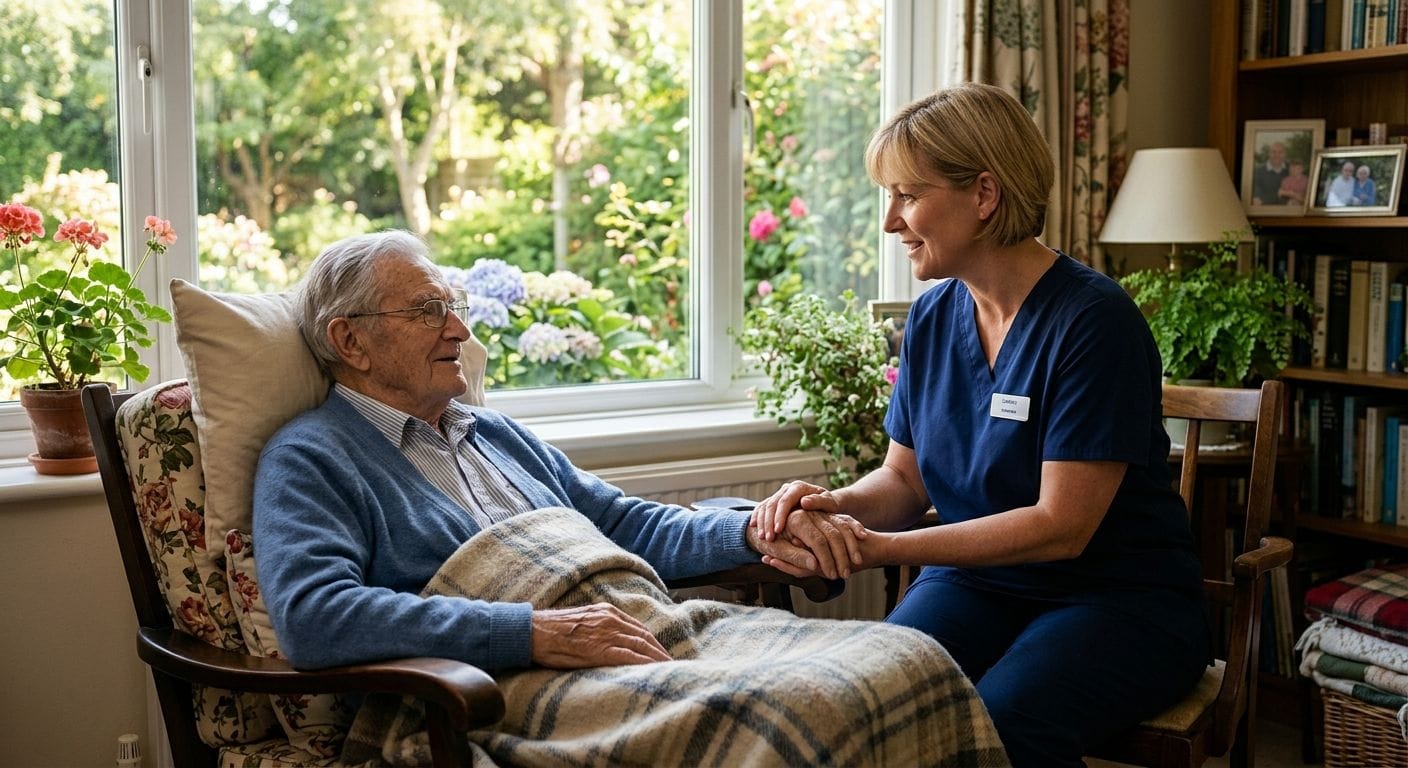 Compassionate hospice nurse comforting elderly patient in sunlit home, representing Amara Hospice Care’s supportive services.