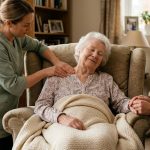 Massage therapist gently rubbing shoulders of relaxed elderly hospice patient in cozy armchair with warm blanket and family member nearby