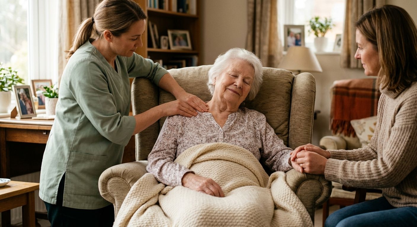 Massage therapist gently rubbing shoulders of relaxed elderly hospice patient in cozy armchair with warm blanket and family member nearby