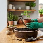 Hands in vibrant green gloves holding a seedling in rich soil, dark charcoal trowel on a light gray surface
