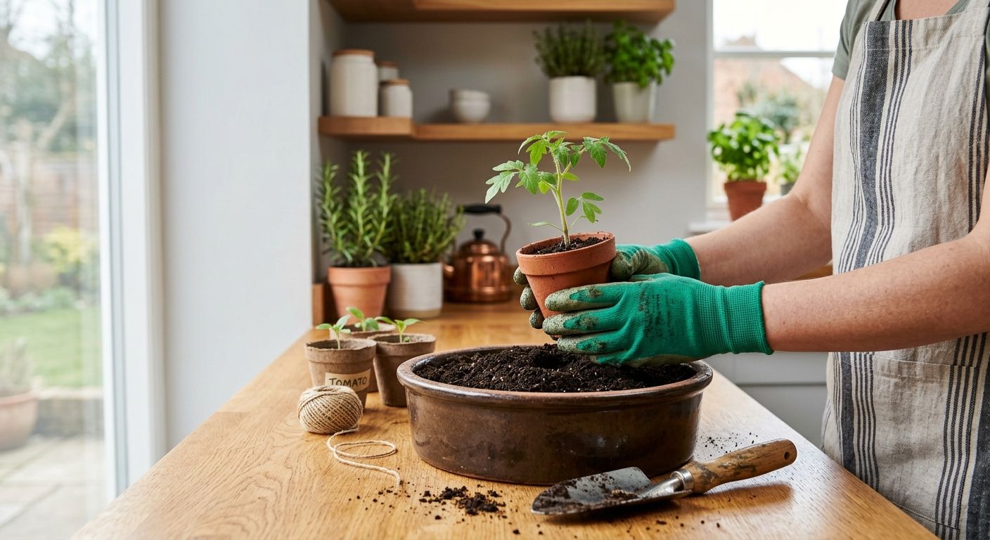 Hands in vibrant green gloves holding a seedling in rich soil, dark charcoal trowel on a light gray surface