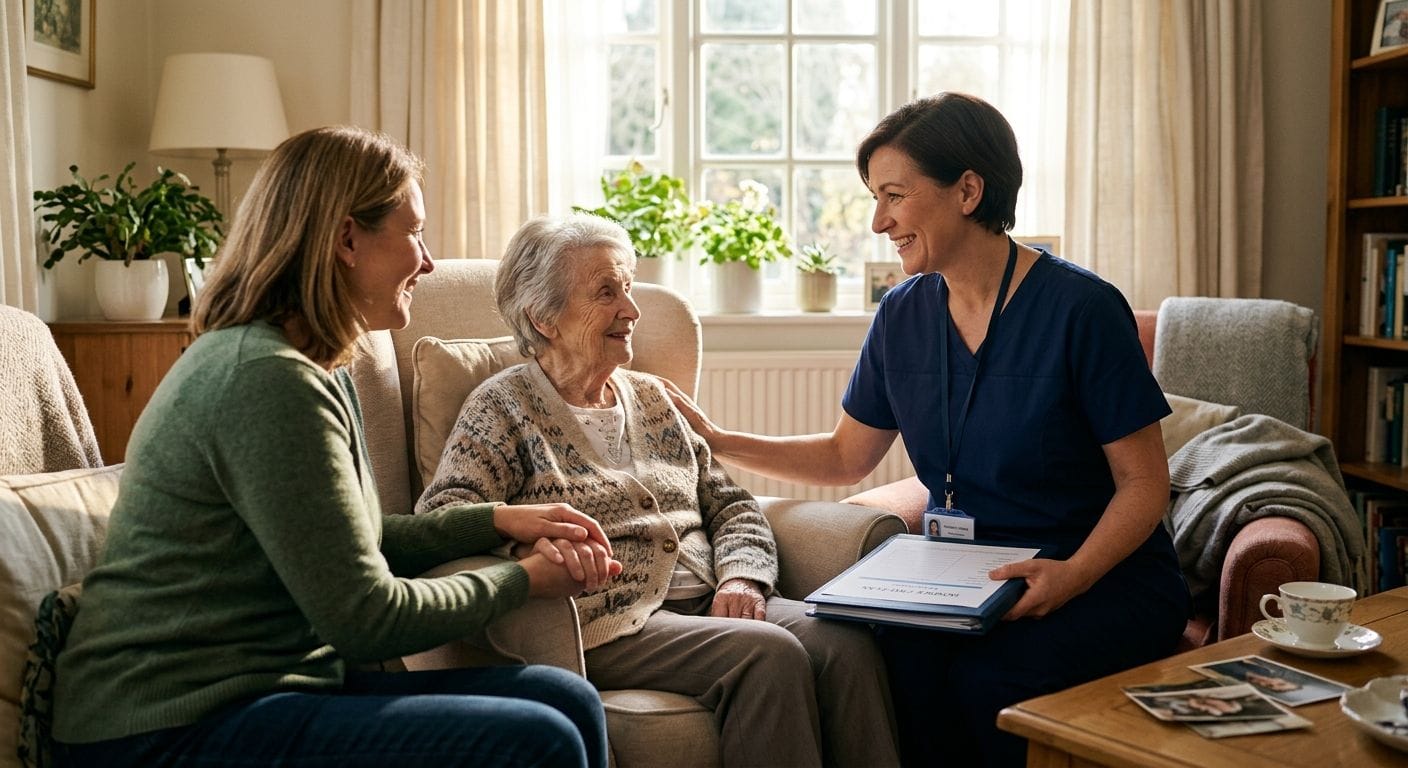 Hospice nurse comforting an elderly patient while a family member holds their hand in a sunlit living room