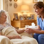 Female hospice aide in blue scrubs gently holding an elderly patient's hand in a warm, sunlit living room