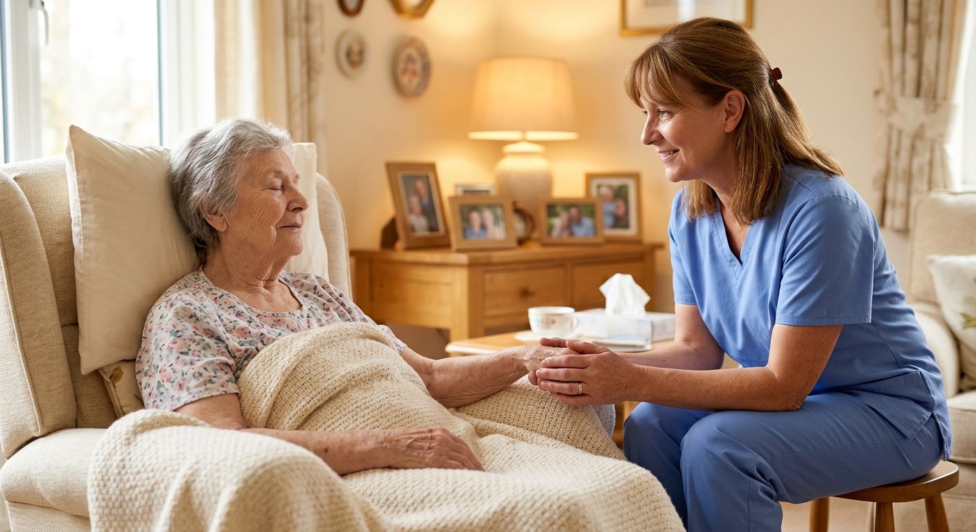 Female hospice aide in blue scrubs gently holding an elderly patient's hand in a warm, sunlit living room