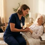Hospice nurse gently holding an elderly patient's hand while a music therapist sits nearby in a sunlit room