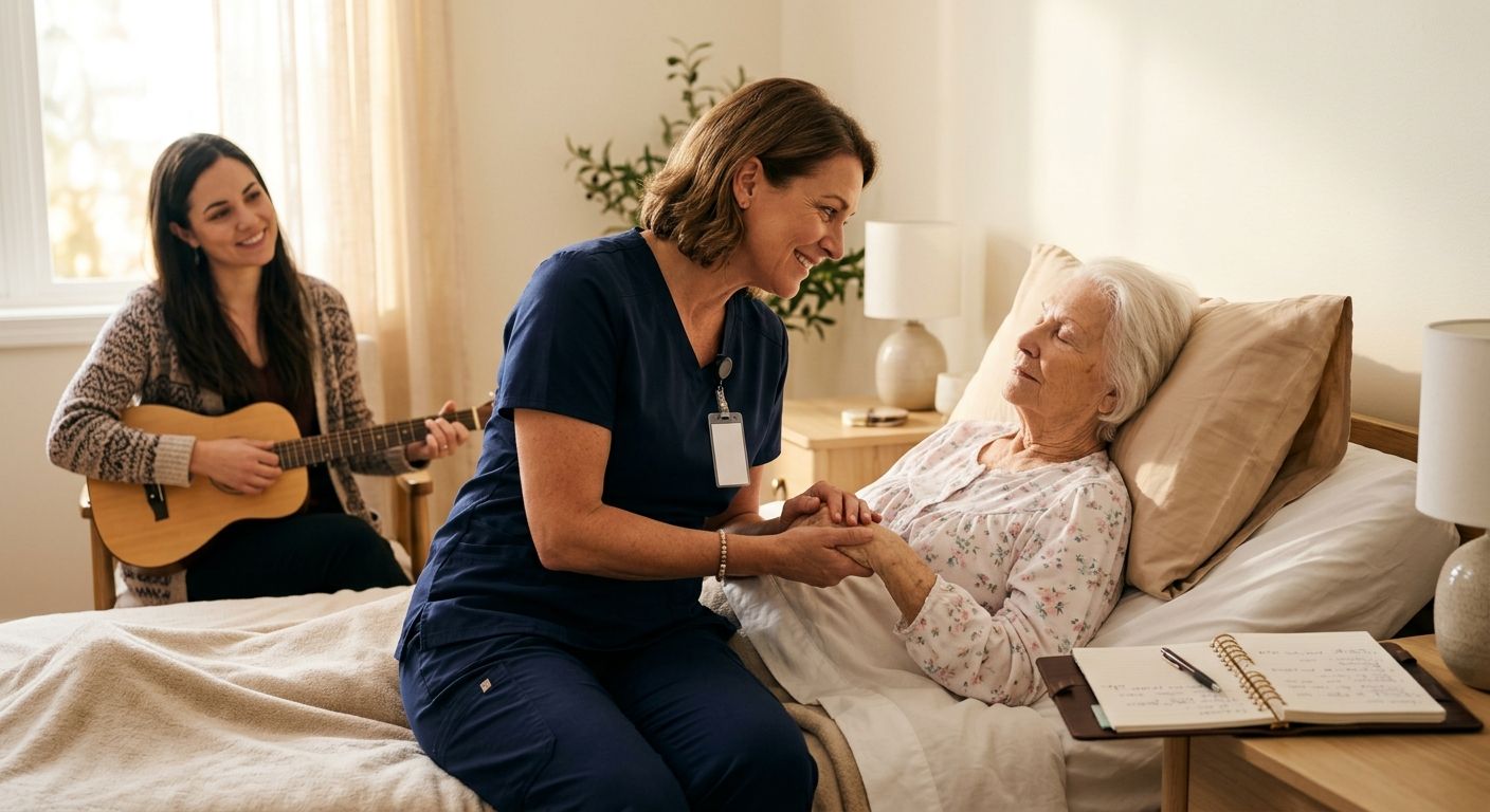 Hospice nurse gently holding an elderly patient's hand while a music therapist sits nearby in a sunlit room