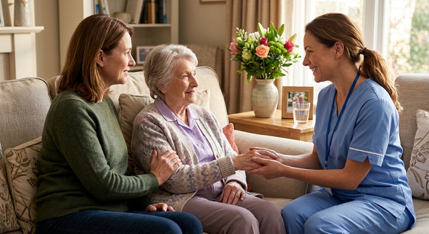 Hospice nurse holding an elderly patient's hand on a sofa while an adult daughter watches, in a sunlit living room with fresh flowers