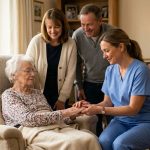 Compassionate hospice nurse holding an elderly patient's hand in a recliner as two family members watch nearby in a warm living room