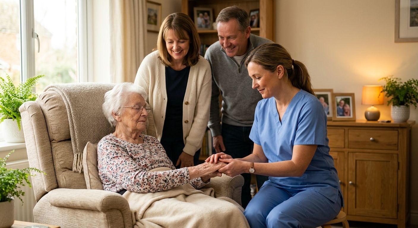 Compassionate hospice nurse holding an elderly patient's hand in a recliner as two family members watch nearby in a warm living room