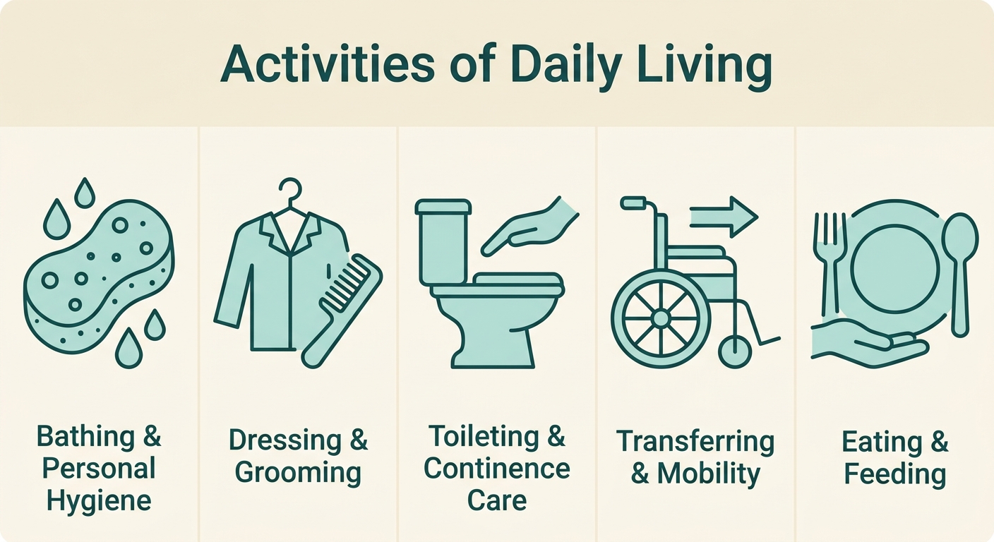 Infographic showing five outlined icons representing hospice care daily living activities: bathing, dressing, toileting, transferring, and eating