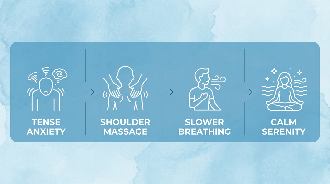 Four-step horizontal process flow showing deep relaxation from anxiety to calm serenity with line icons and arrows on a blue watercolor background