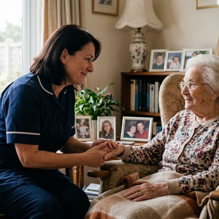 Compassionate hospice caregiver holding elderly patient's hand in a warm, naturally lit living room with personal touches