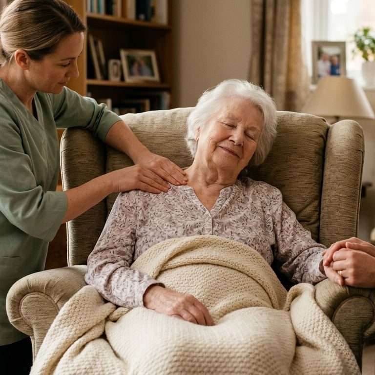 Massage therapist gently rubbing shoulders of relaxed elderly hospice patient in cozy armchair with warm blanket and family member nearby