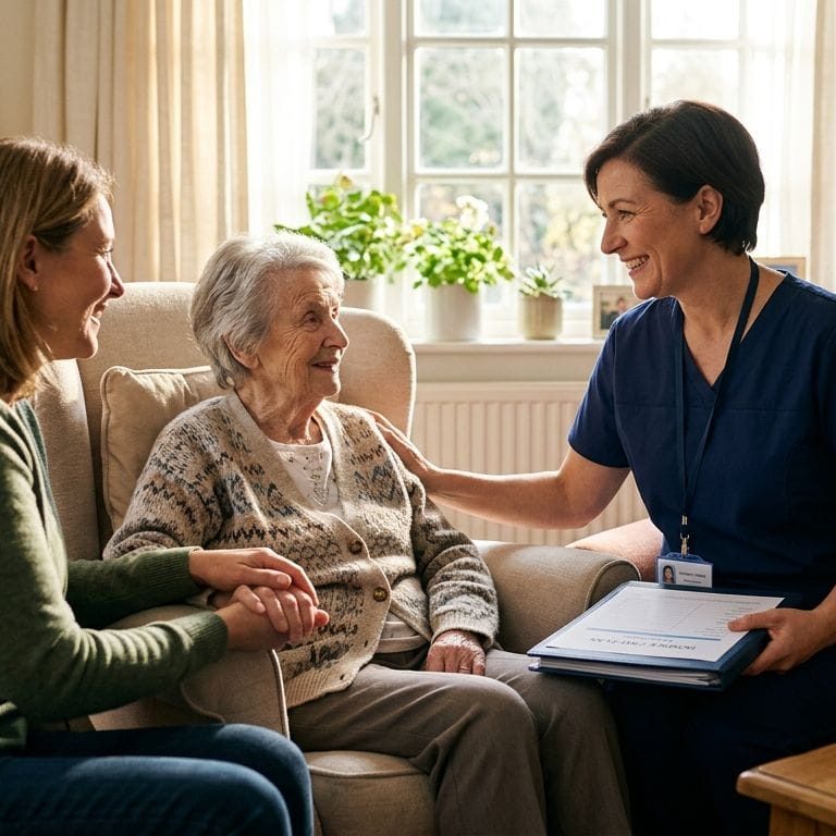 Hospice nurse comforting an elderly patient while a family member holds their hand in a sunlit living room