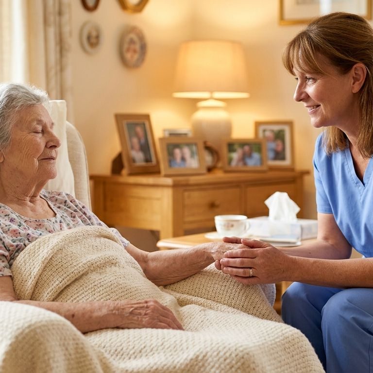 Female hospice aide in blue scrubs gently holding an elderly patient's hand in a warm, sunlit living room