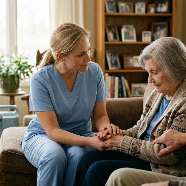Compassionate hospice nurse comforting elderly patient at home with family support in cozy living room