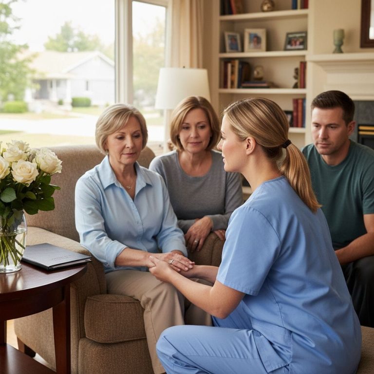 Compassionate hospice nurse holding hand of elderly patient with family in cozy Michigan living room, emphasizing care and empathy.