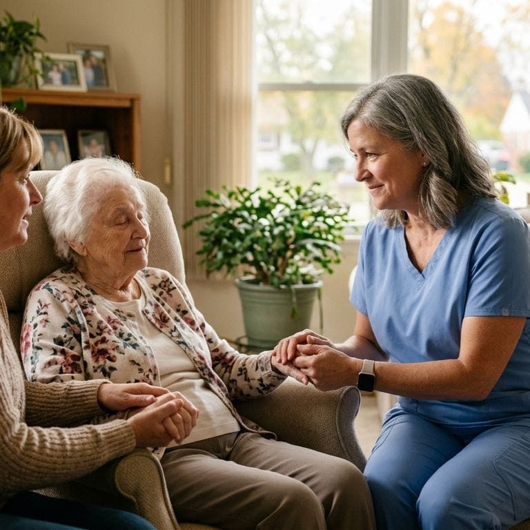 Compassionate hospice nurse holding elderly patient's hand in sunlit Saginaw home with family member present