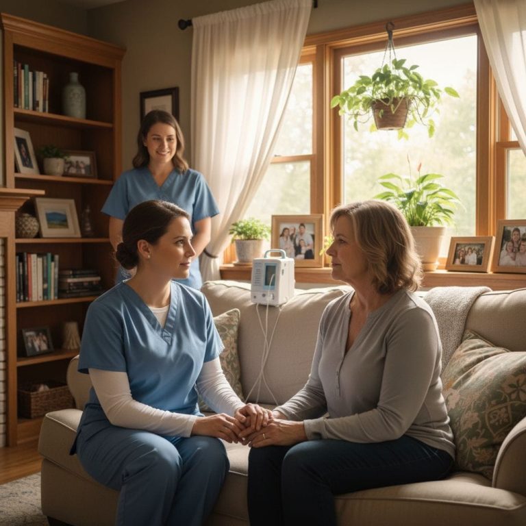 Compassionate nurse in soft blue scrubs comforting elderly patient and family member on couch in sunlit Michigan home with plants, photos, and wellness bookshelves, emphasizing empathetic end-of-life care.