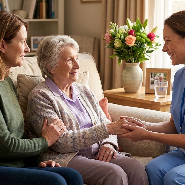Hospice nurse holding an elderly patient's hand on a sofa while an adult daughter watches, in a sunlit living room with fresh flowers