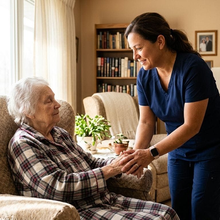 Warm photograph of a hospice nurse gently holding an elderly patient's hand in a sunlit living room, representing compassionate palliative care.