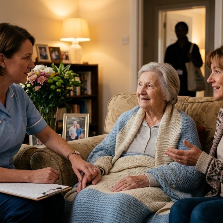 Compassionate hospice nurse in soft blue uniform with elderly patient and family member in cozy home, sharing caring moment.