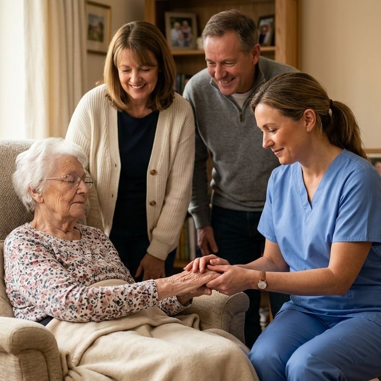 Compassionate hospice nurse holding an elderly patient's hand in a recliner as two family members watch nearby in a warm living room