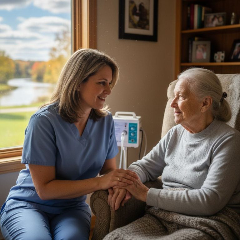Compassionate hospice volunteer holding hand of elderly patient in serene Michigan home, conveying support and care