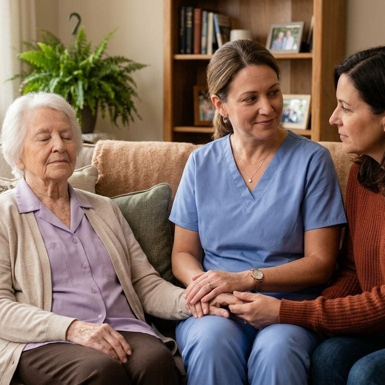Compassionate hospice nurse in soft blue scrubs comforting elderly patient and family member in cozy home living room.