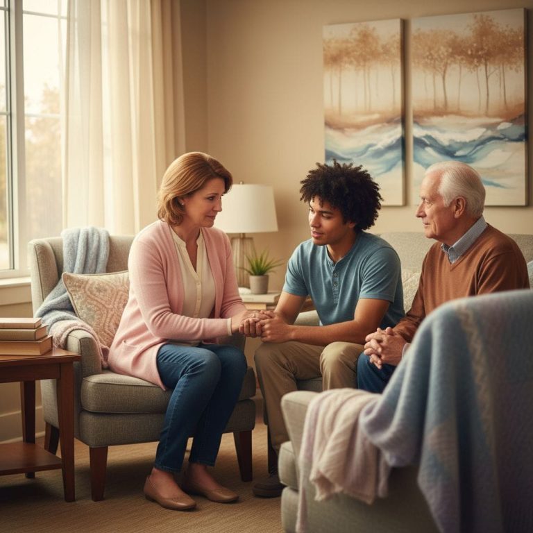 Compassionate bereavement counselor comforting a diverse family in a hospice lounge with warm lighting and supportive elements.