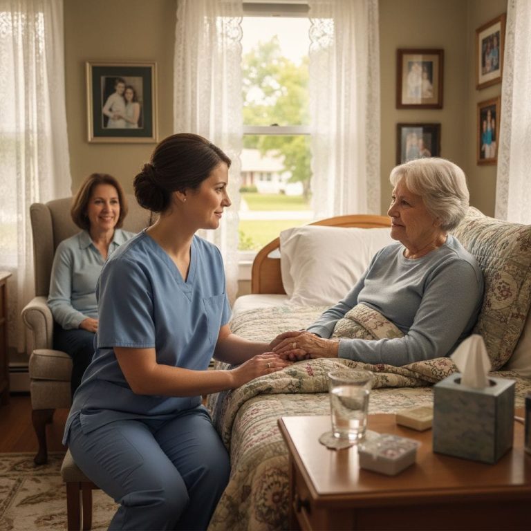 Serene professional image of a hospice nurse providing compassionate care to an elderly patient in a warm Michigan home, with family support.